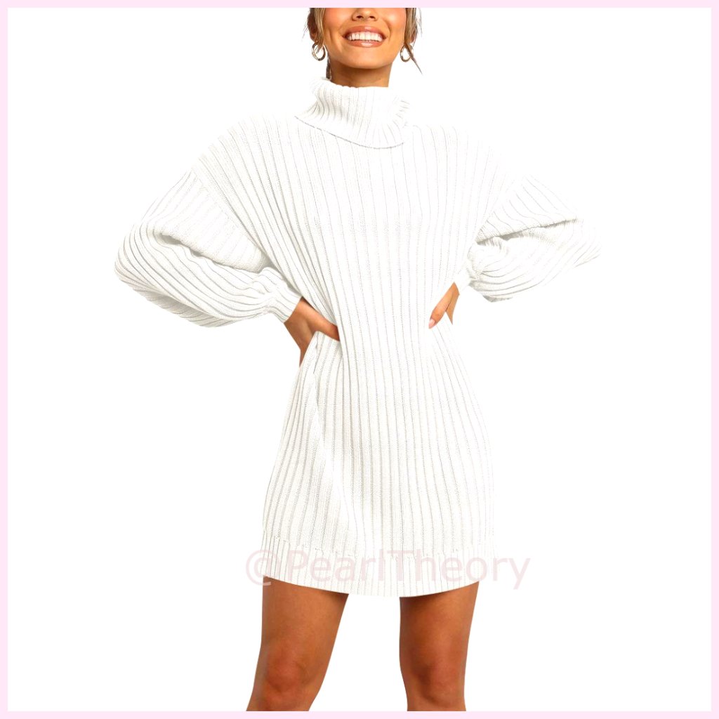 Oversized Sweater Dress Turtleneck Batwing Long Sleeve Ribbed Knit Casual